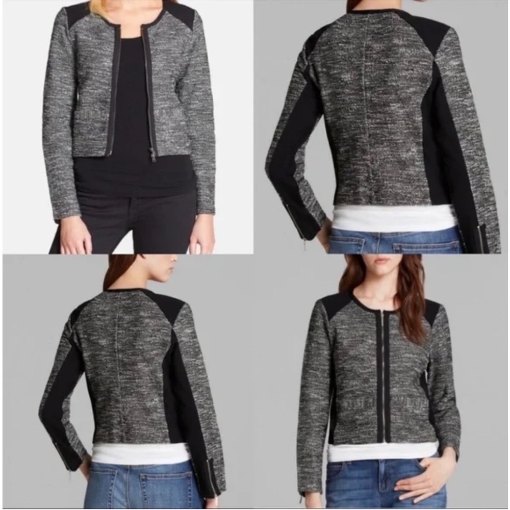Eileen Fisher Jacket Size Small Cropped black Tweed marled knit panels full Zip